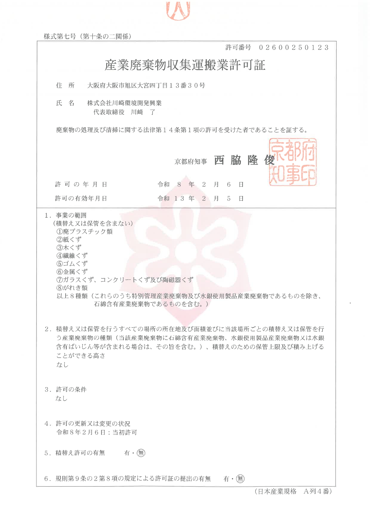 京都府 産業廃棄物収集運搬業許可証